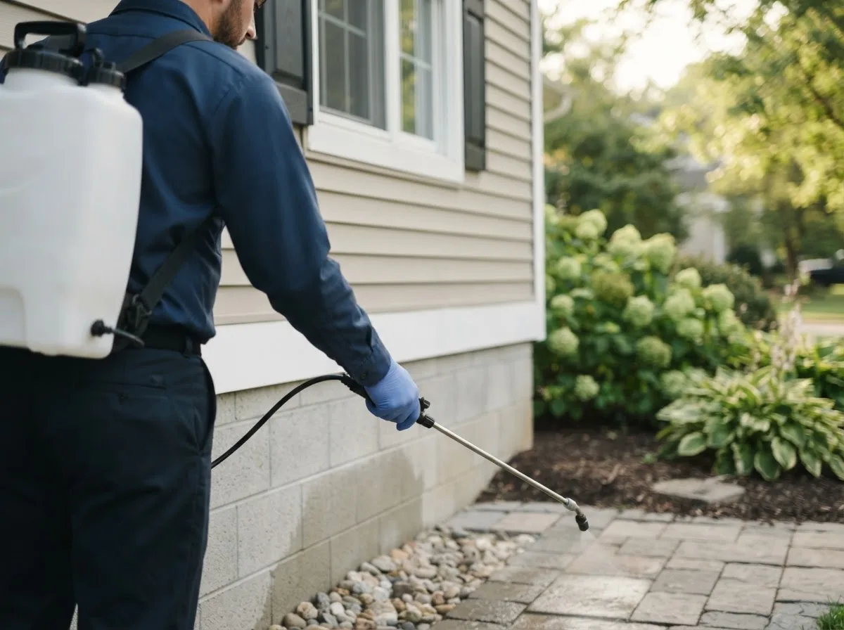Pest control technician inspecting a home in Bowmansville, NY